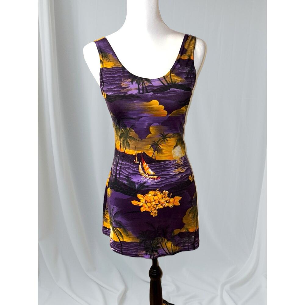 90s Vintage Hawaiian Tropics Beach Tank Dress Sunset Print Bodycon Sexy Fit